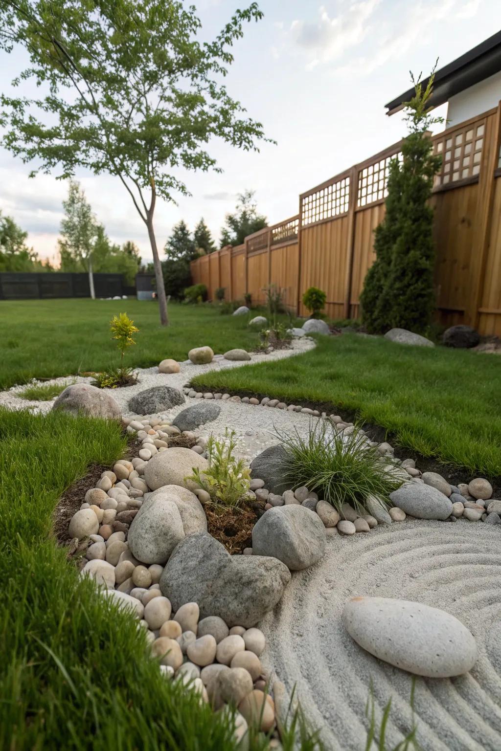Zen rock gardens bring a serene and meditative feel to your lawn.