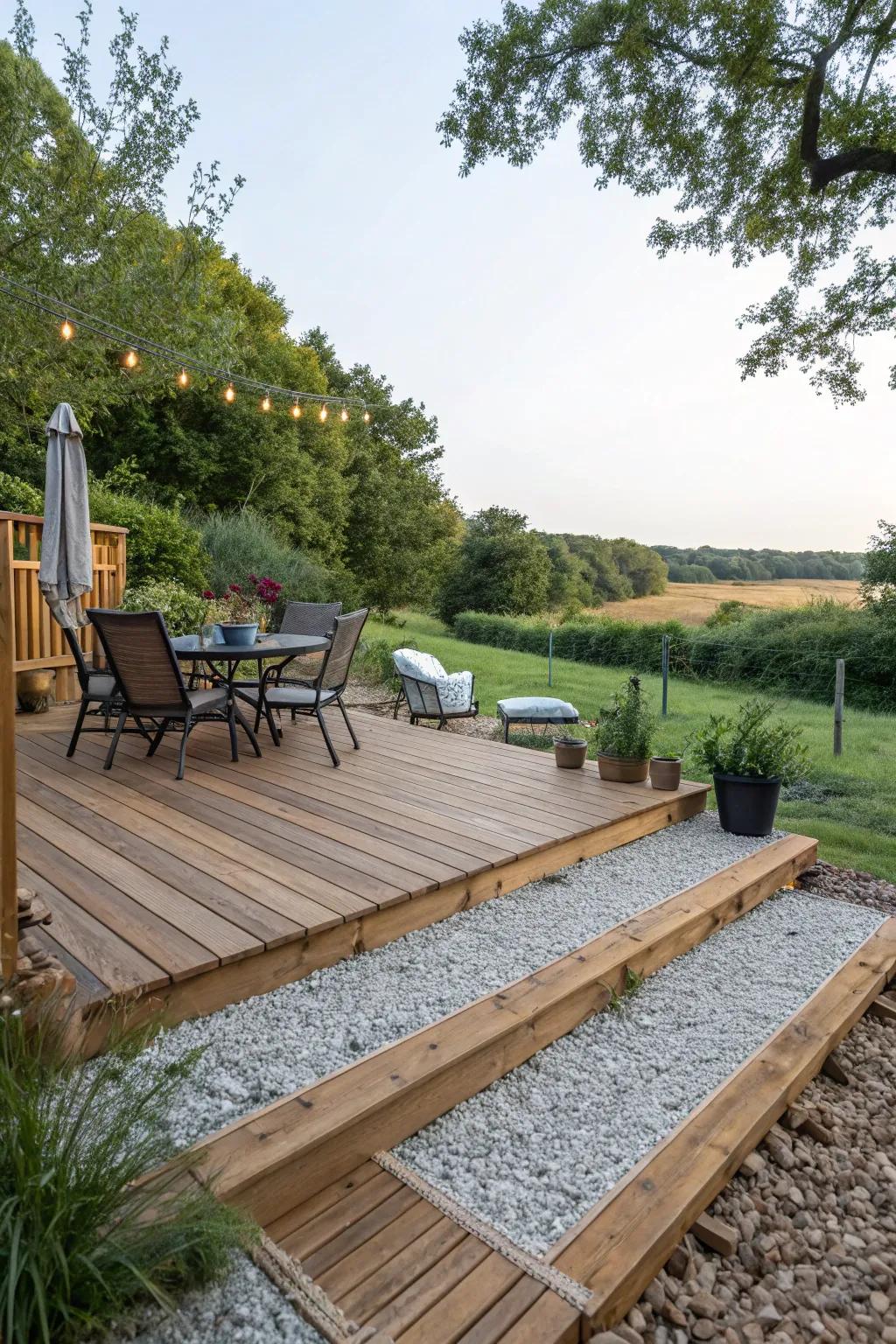 Gravel and wood create a harmonious and welcoming deck area.