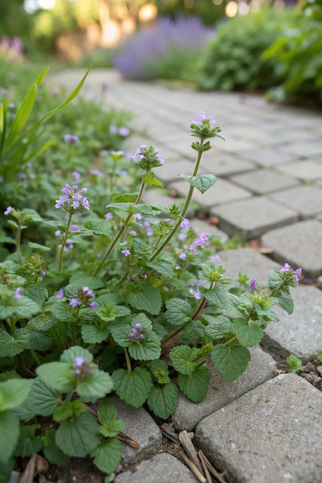 Corsican mint offers a fresh scent and delicate flowers between pavers.