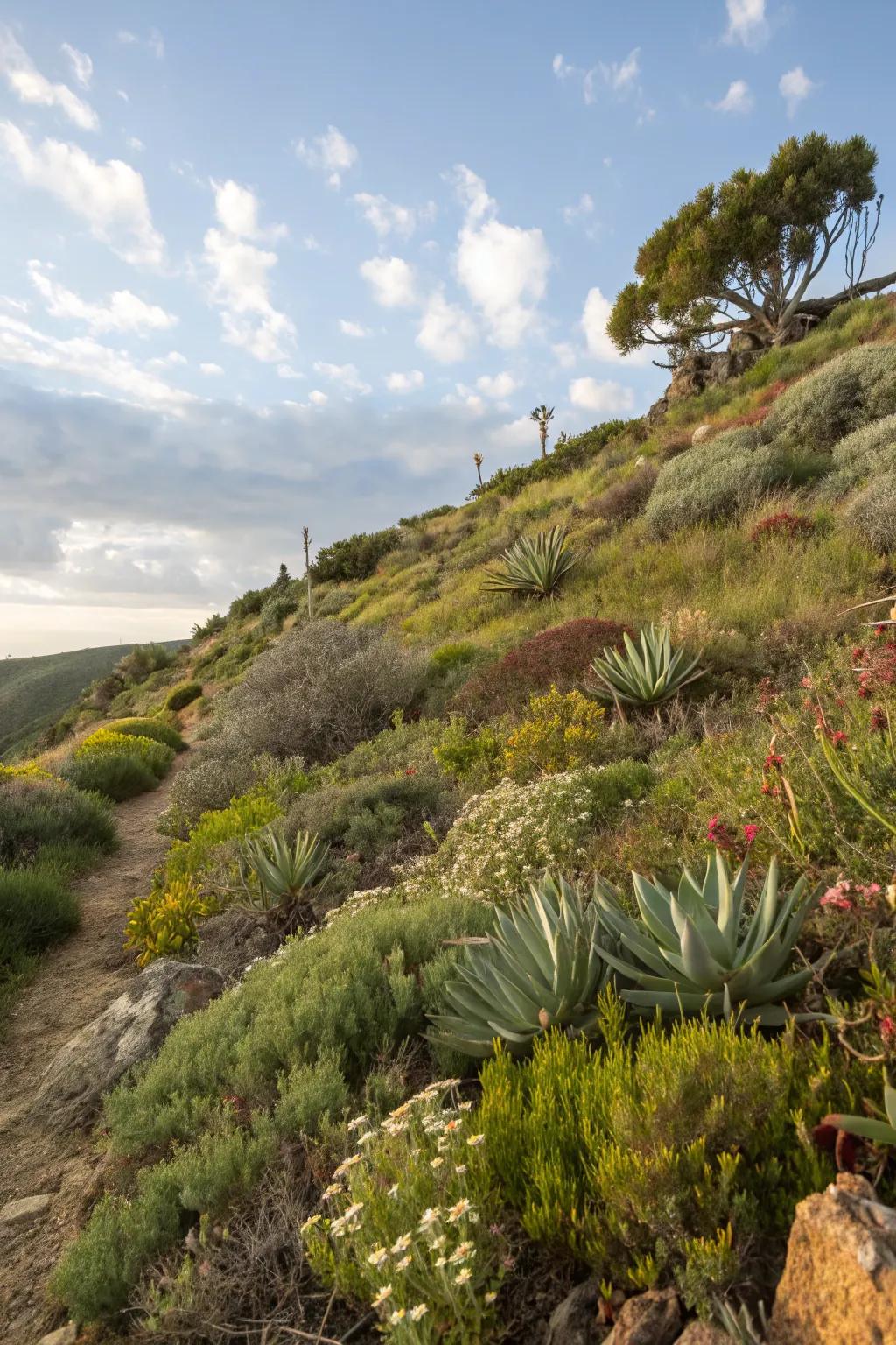 Easy-care plants make hillside gardening a breeze.