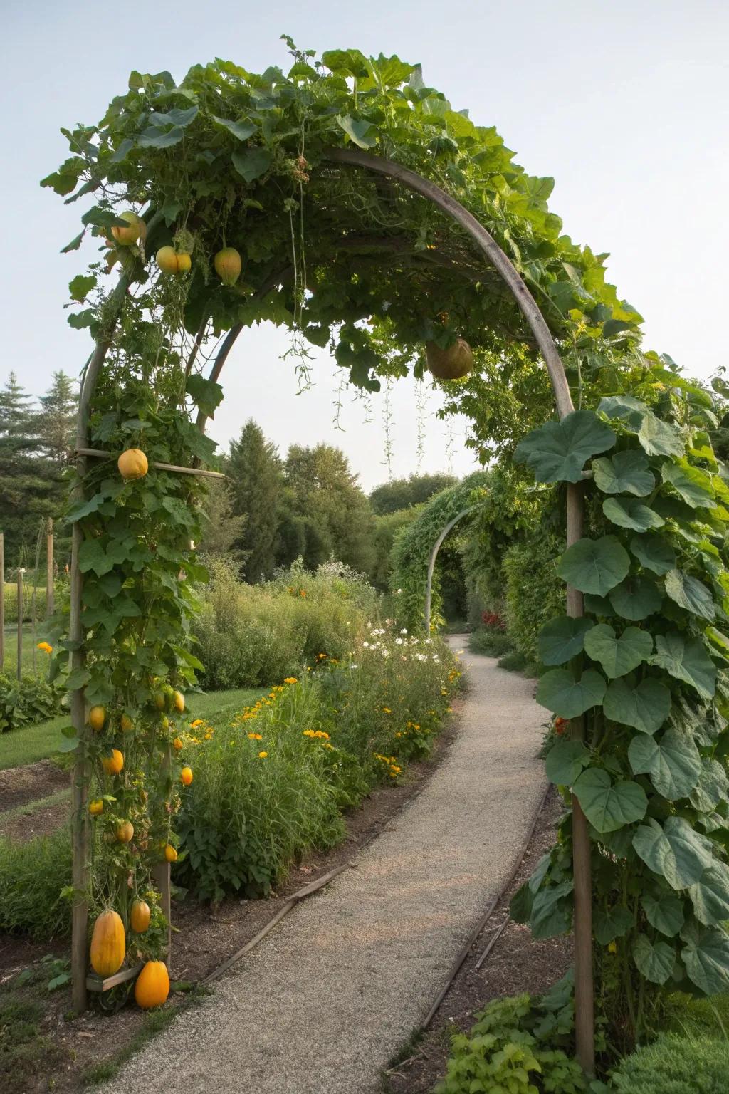 A squash arch creating a beautiful garden feature.