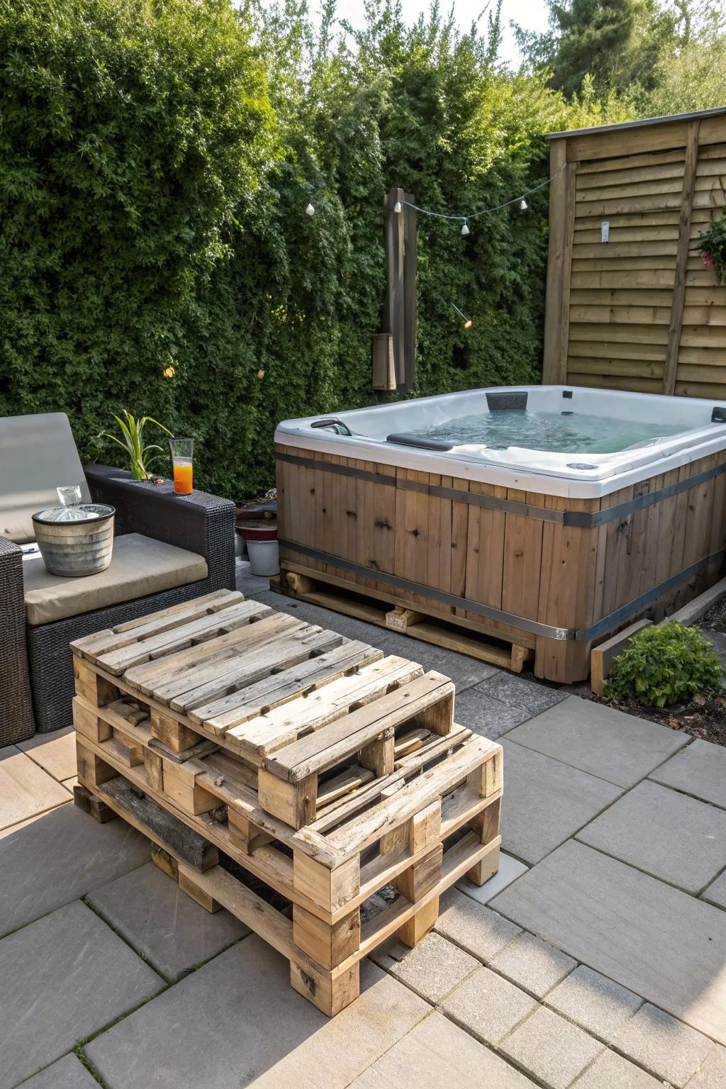 Pallet projects add functionality and charm to the hot tub area.