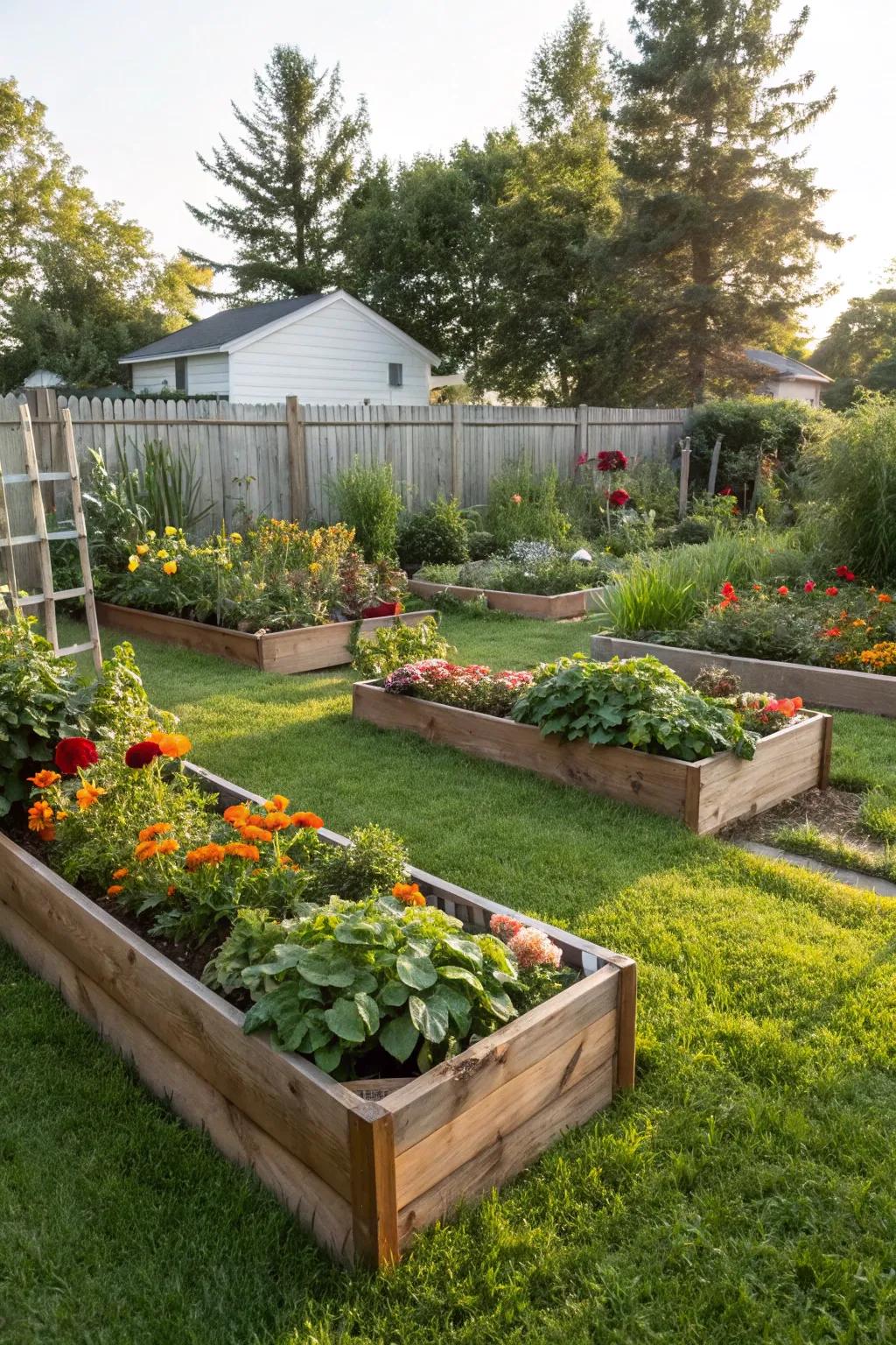 Raised garden beds add depth and variety to grassy areas.