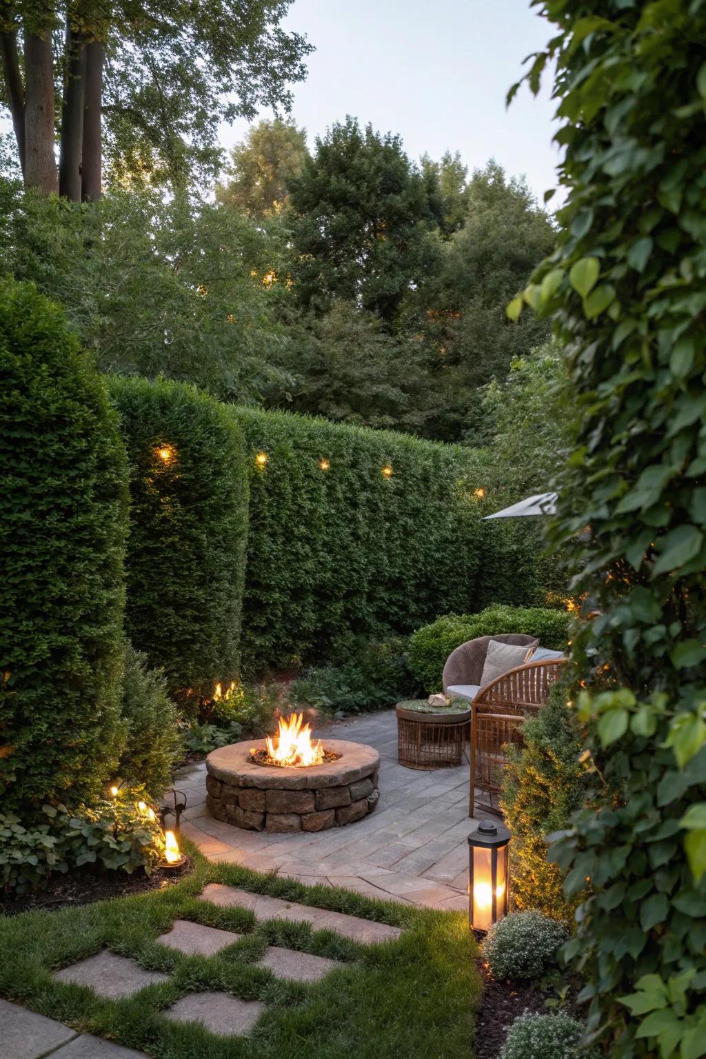 Green walls offer privacy and a serene backdrop for the fire pit.