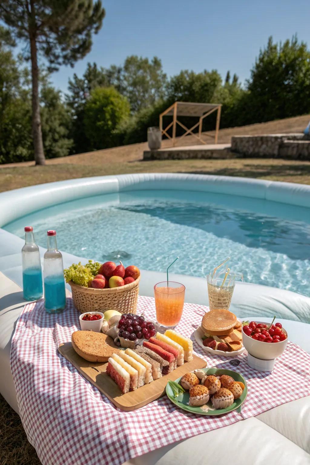 A poolside picnic adds charm to outdoor gatherings.