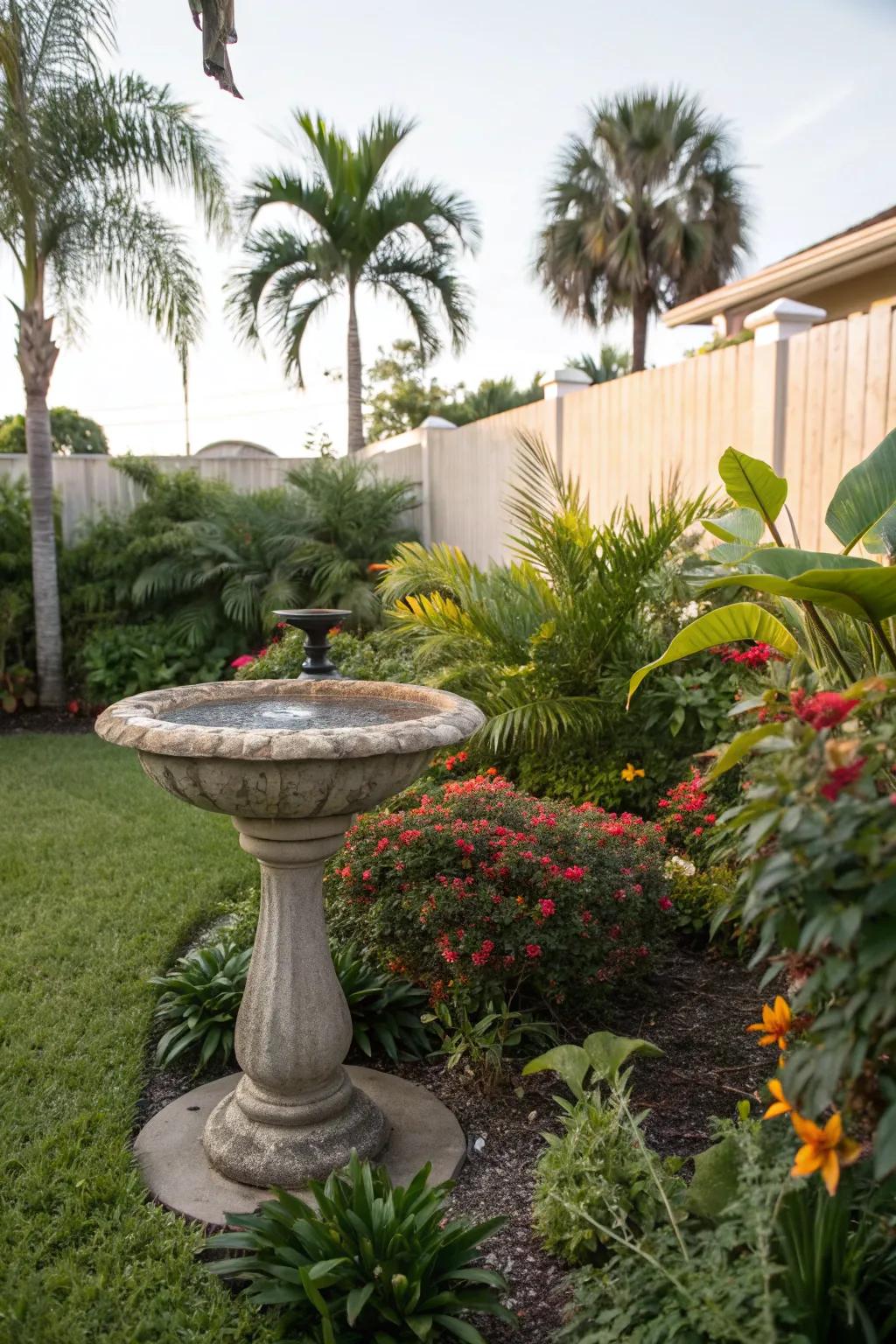 Attract birds with a birdbath in your lush backyard.