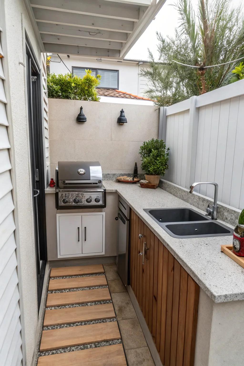 A compact outdoor kitchen efficiently combining a grill, sink, and countertop.