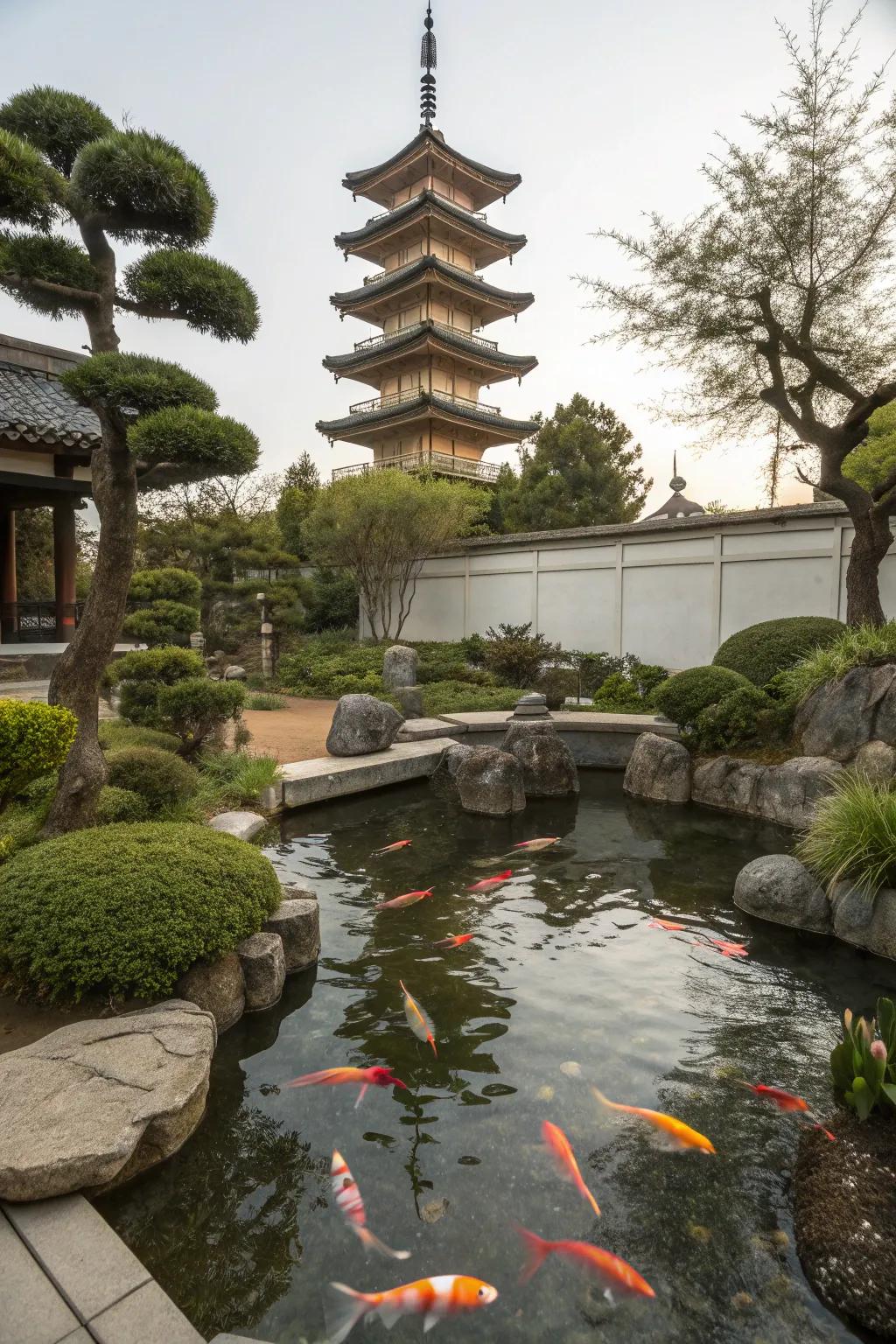 Embrace Zen with Japanese-inspired elements like pagodas and bonsai.