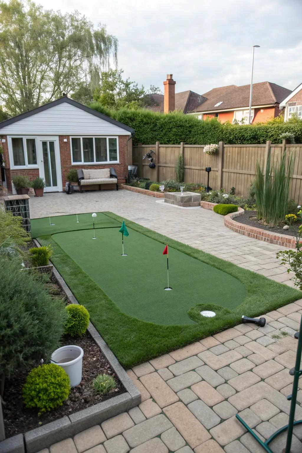 A mini putting green for endless backyard entertainment.