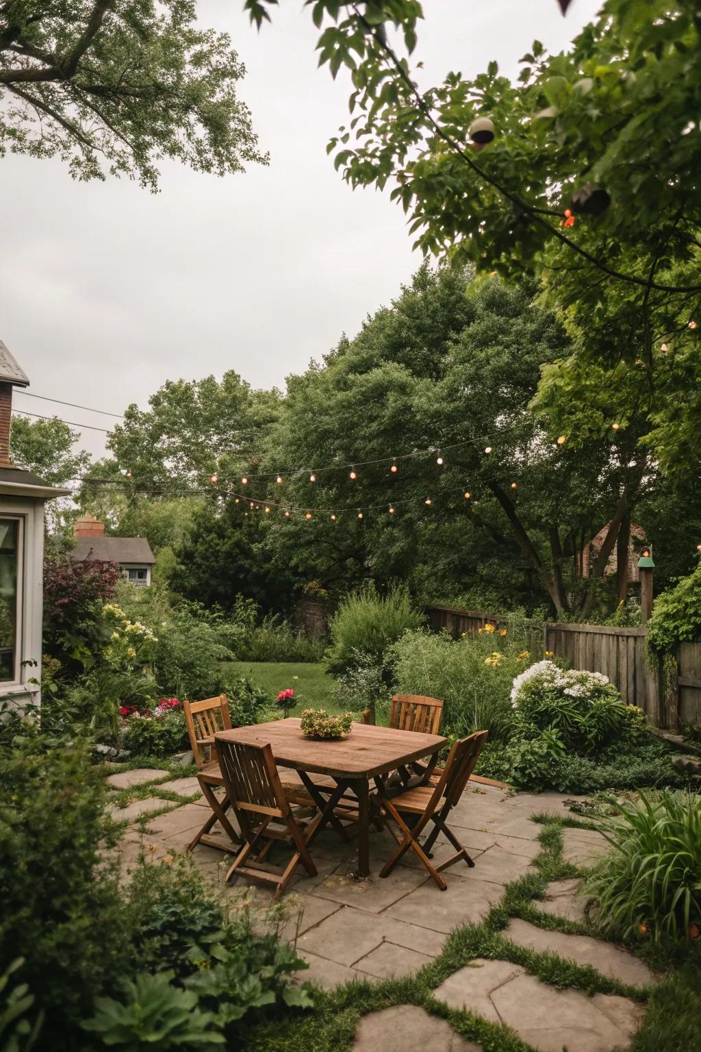 A delightful outdoor dining area nestled within a Milwaukee backyard oasis.