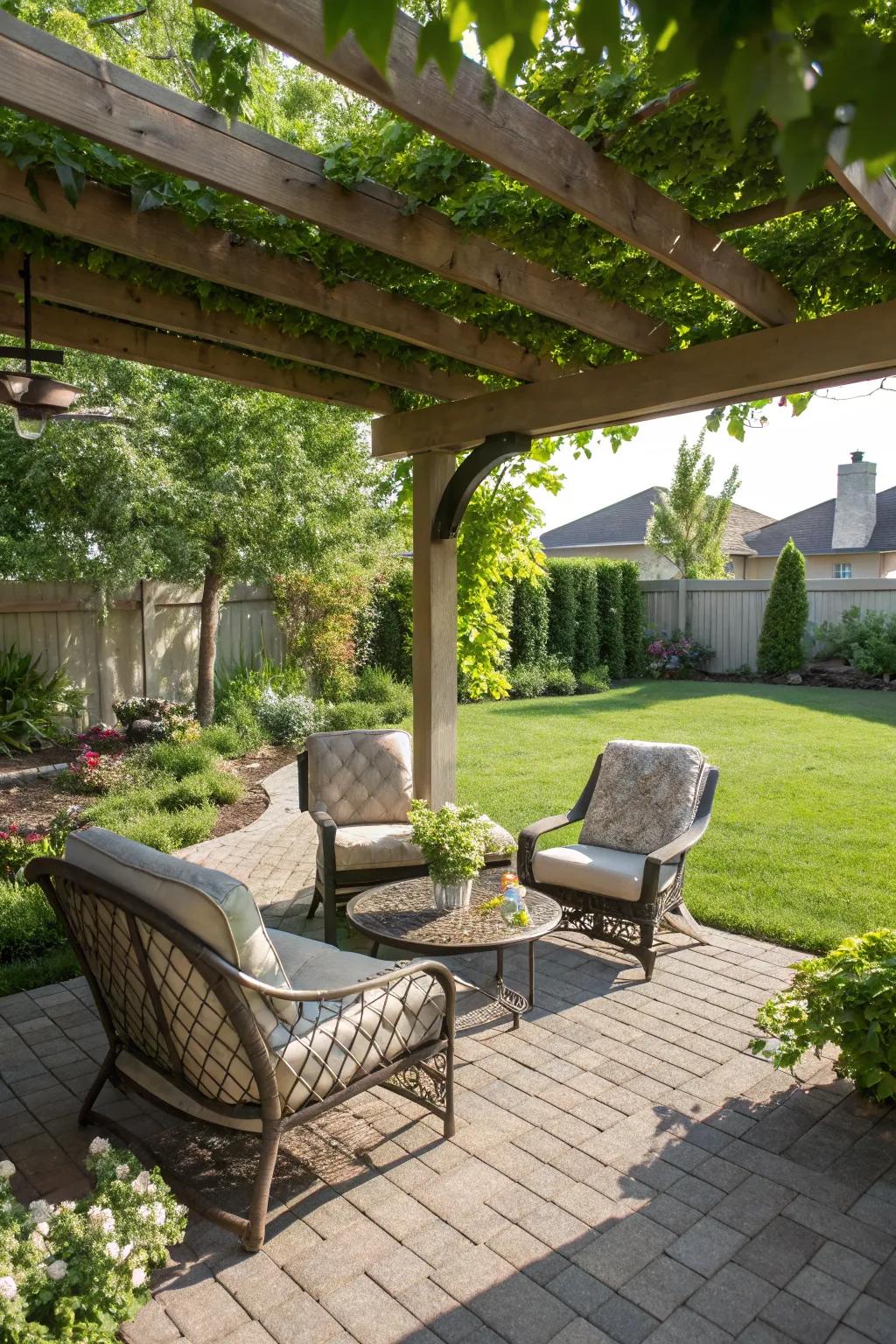 A stylish pergola providing shade in a backyard.