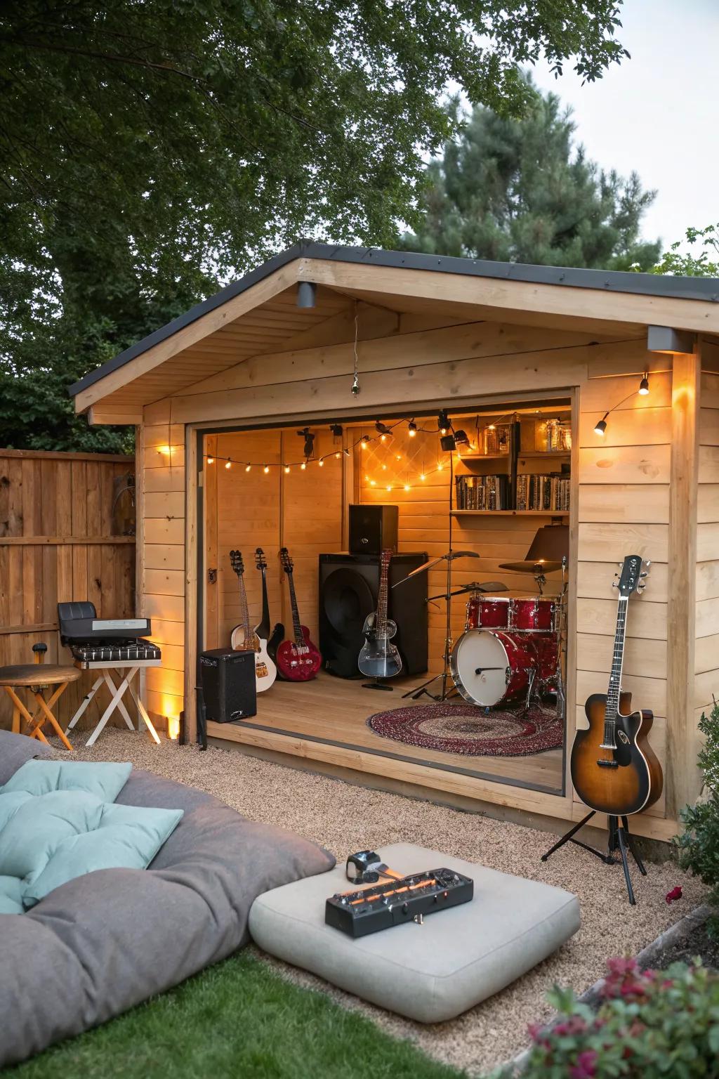 Jam out in a backyard music lounge.