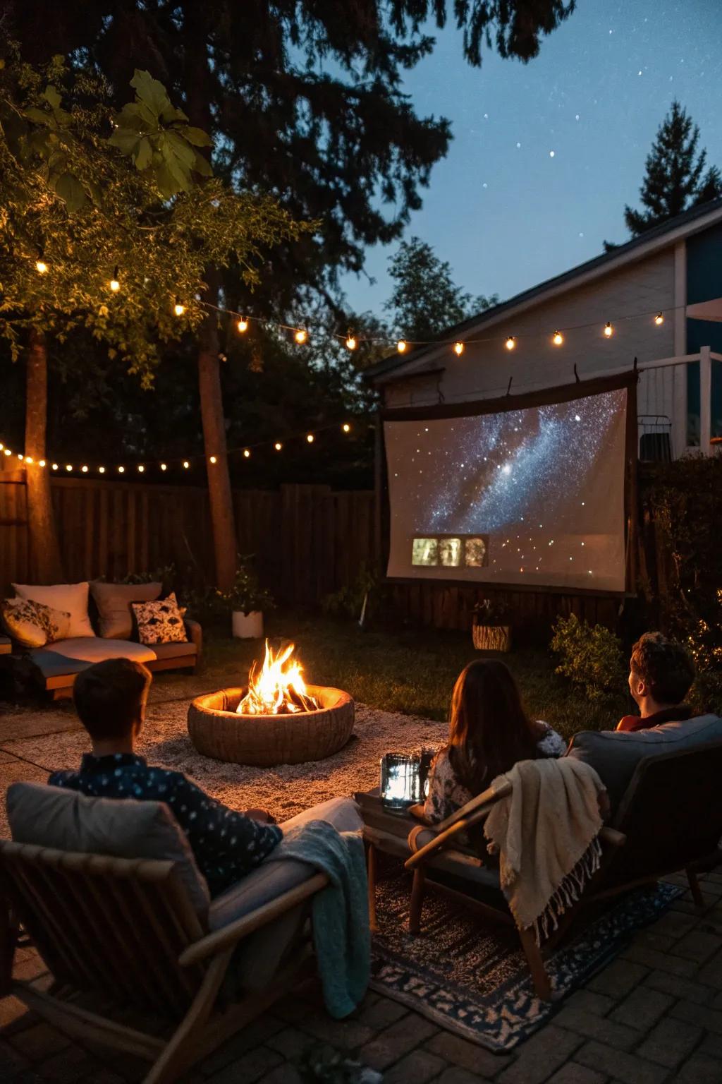 A fire pit enhances the atmosphere of your outdoor movie nights.
