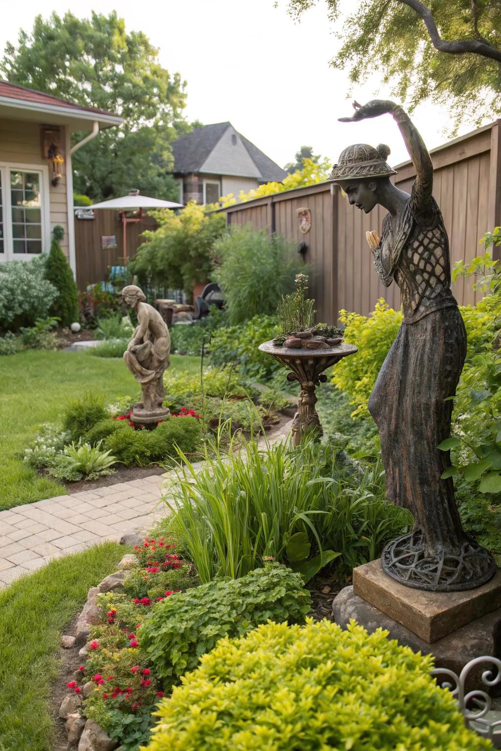 Sculptures add personality and intrigue to your garden.