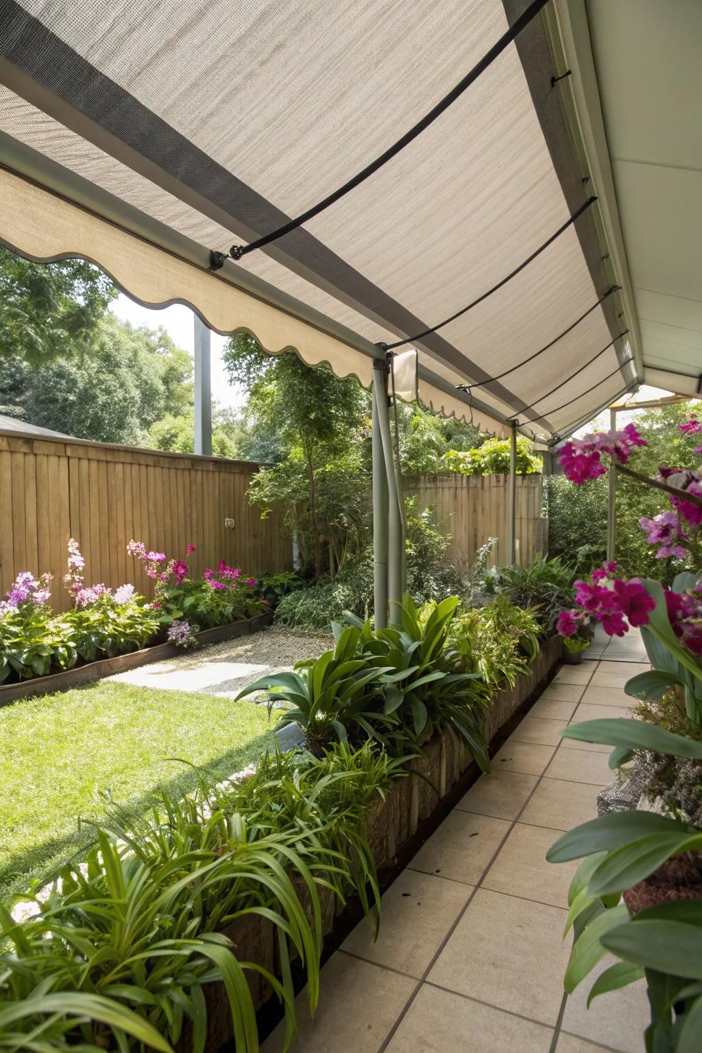 Retractable shade protecting delicate orchid blooms.
