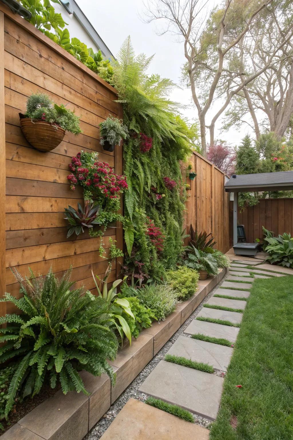 A vertical garden wall adds lush greenery and visual interest.