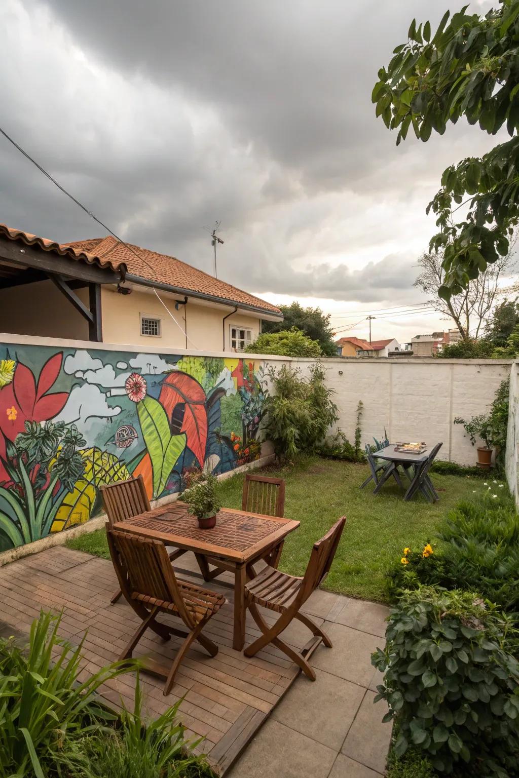 Express your creativity with a stunning mural on your patio wall.