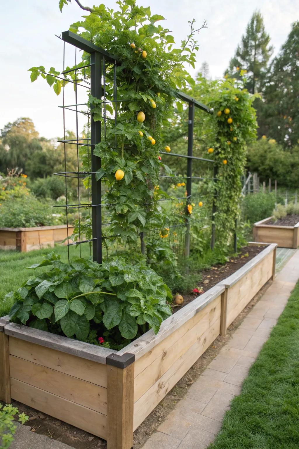A raised garden bed with an integrated trellis for vertical growth.