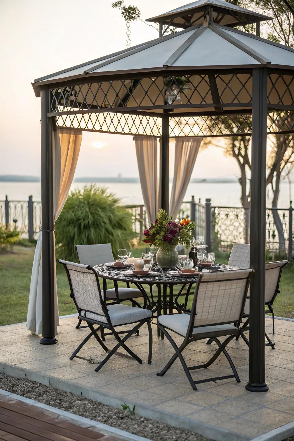 A gazebo elegantly arranged as an outdoor dining space.