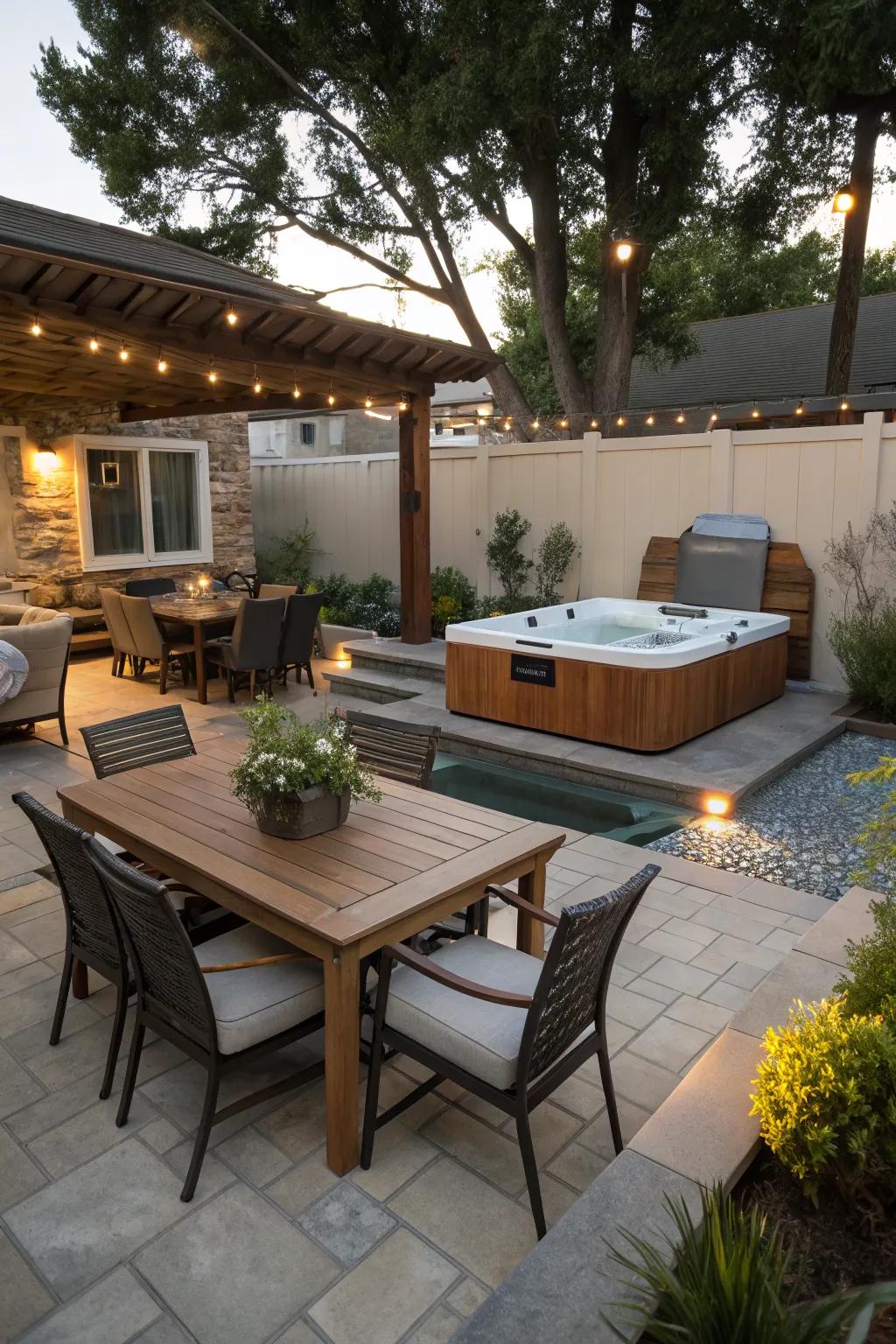 Multiple zones in a backyard patio cater to various activities.