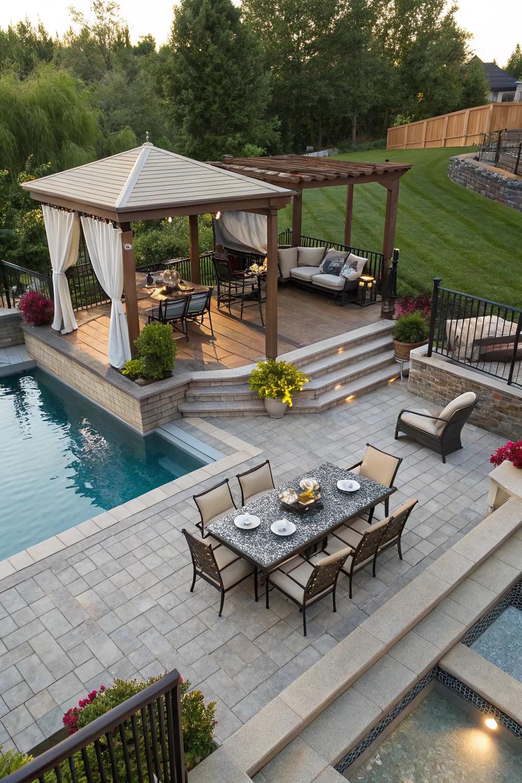 A multi-level patio creating distinct zones around the pool.