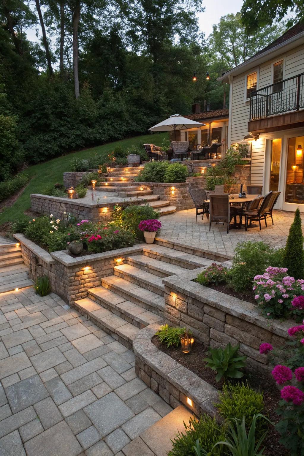 Terraced paving creating distinct outdoor zones.