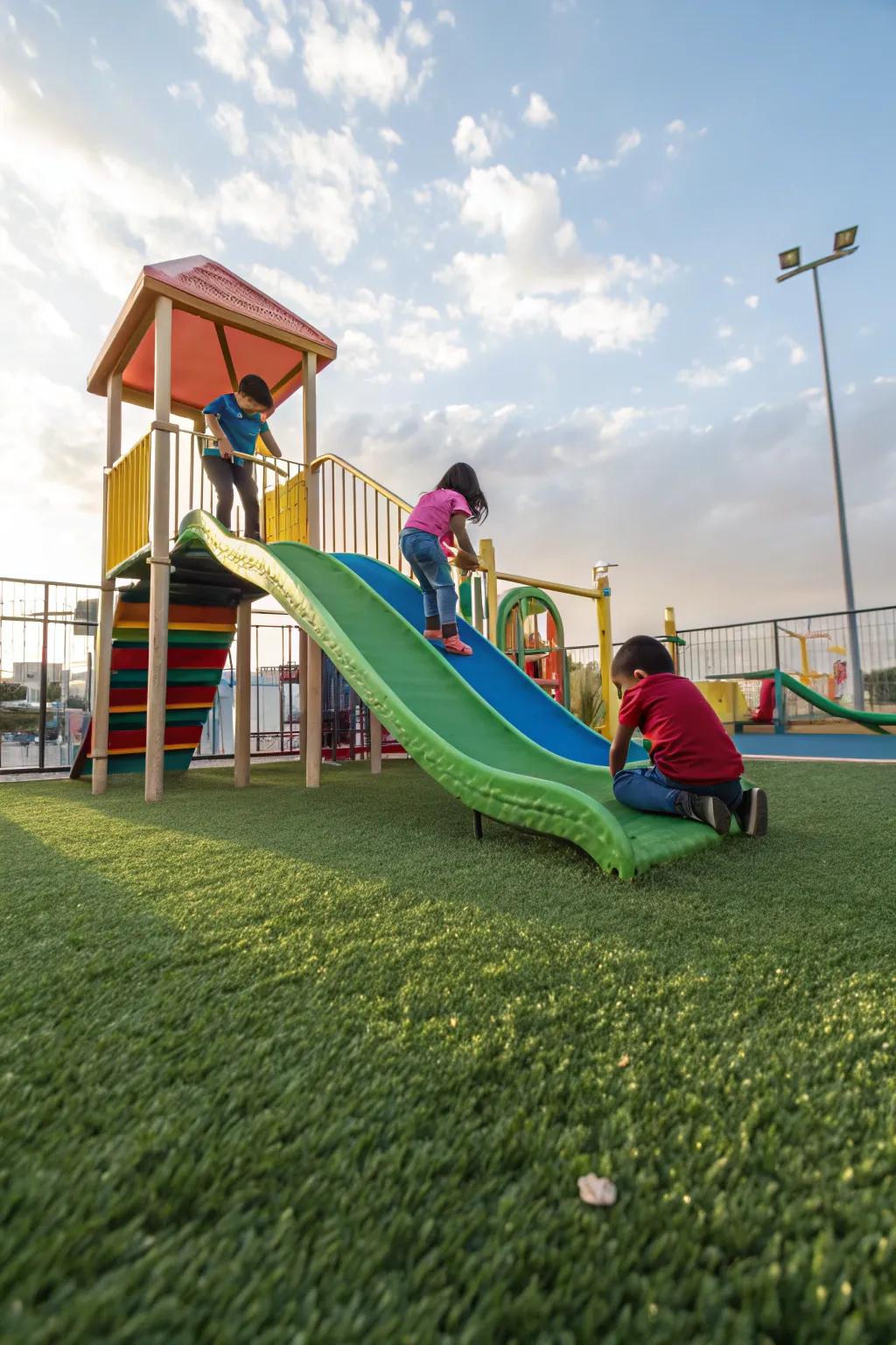 Artificial turf offers year-round green for vibrant play spaces.