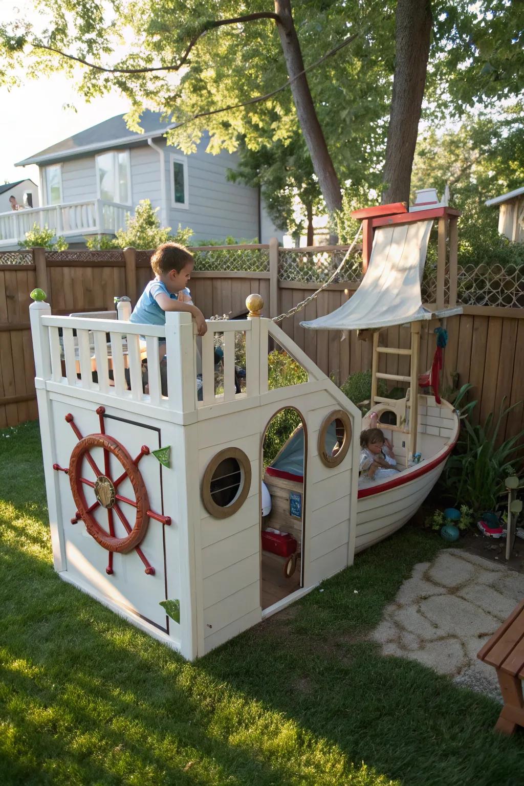 A nautical-themed playhouse sets sail on backyard adventures.