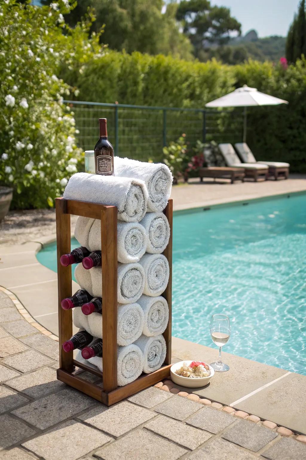 A wine rack cleverly repurposed for towel storage.