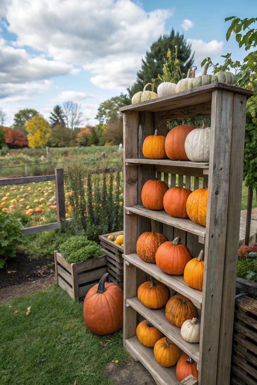 A shelving unit organizes your pumpkins and maximizes display space.