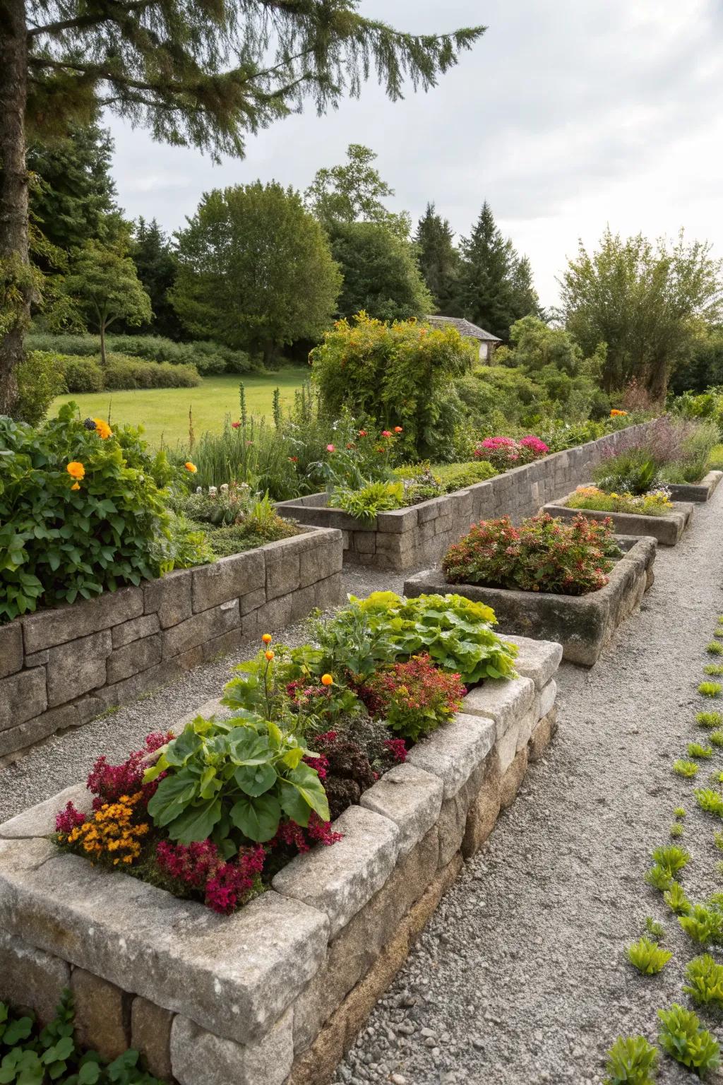 Stone block beds add durability and natural beauty.