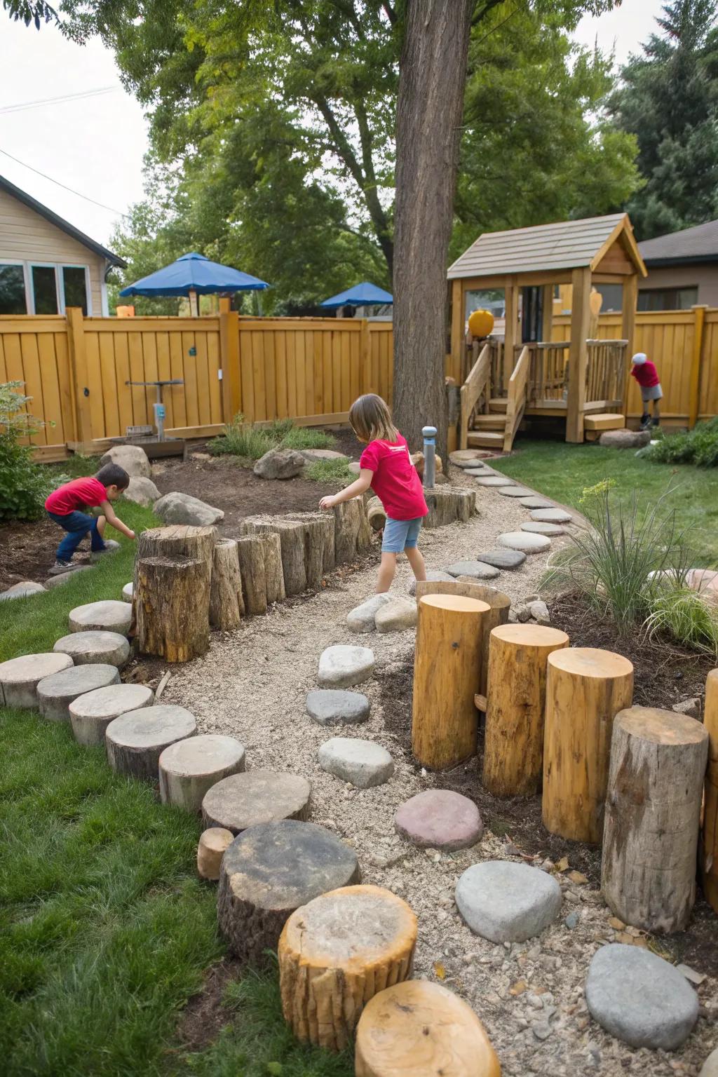 Natural play zones blend fun and garden aesthetics.
