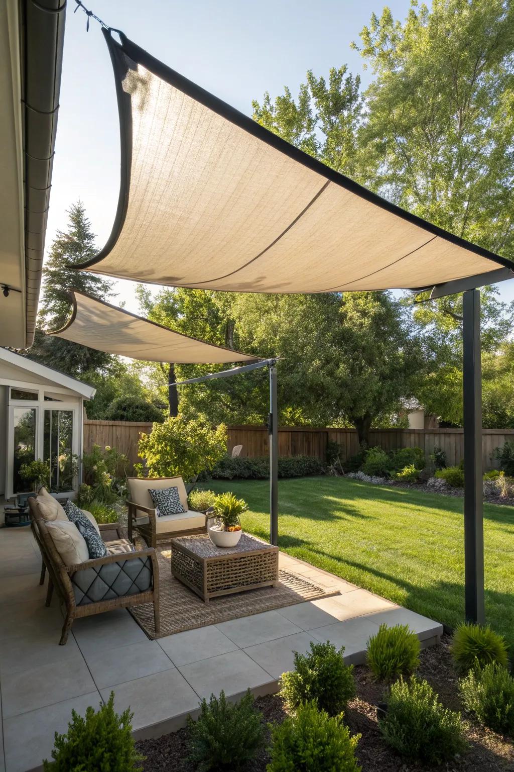 Retractable sail shades providing flexible shade solutions in a backyard.