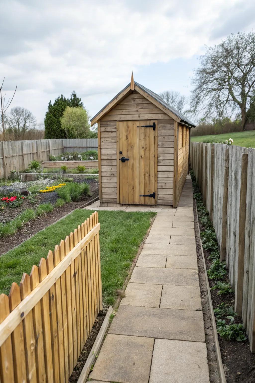 A shed thoughtfully positioned respecting local setback requirements.