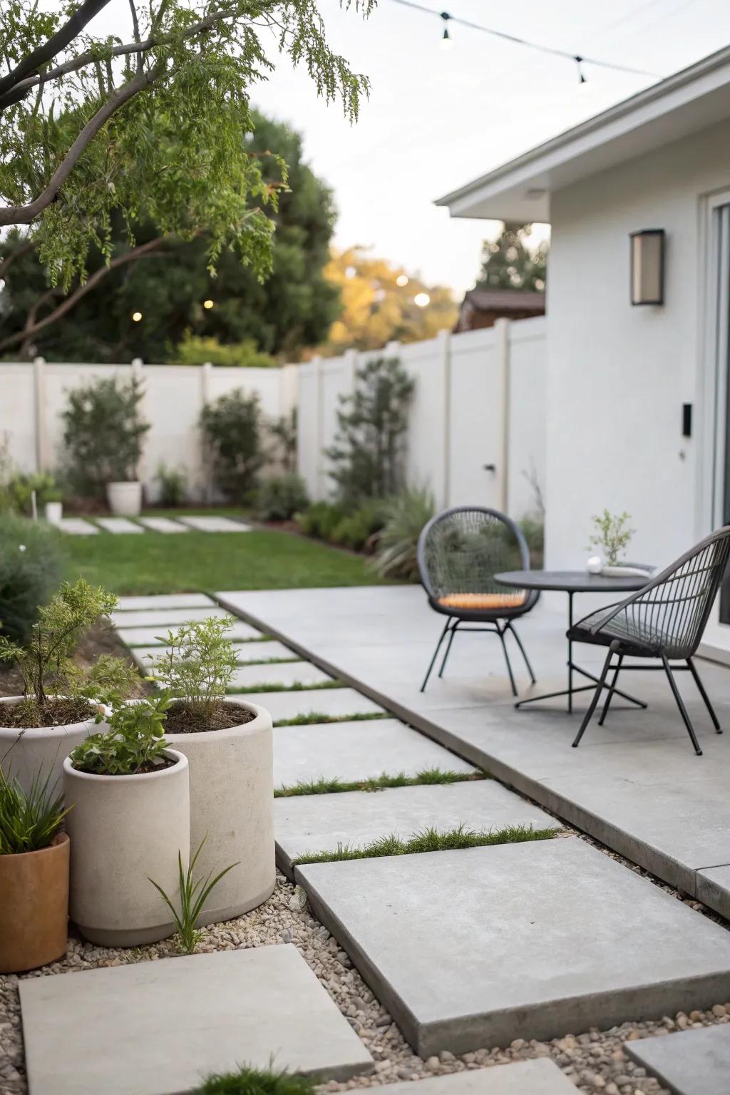Minimalist concrete slabs create a chic and modern outdoor space.