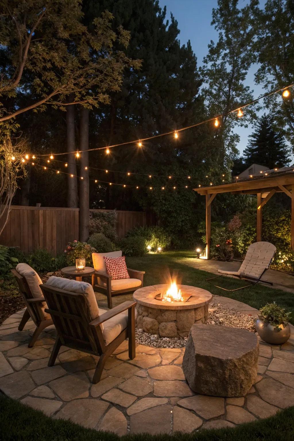 A fire pit creates a warm and inviting atmosphere for socializing.