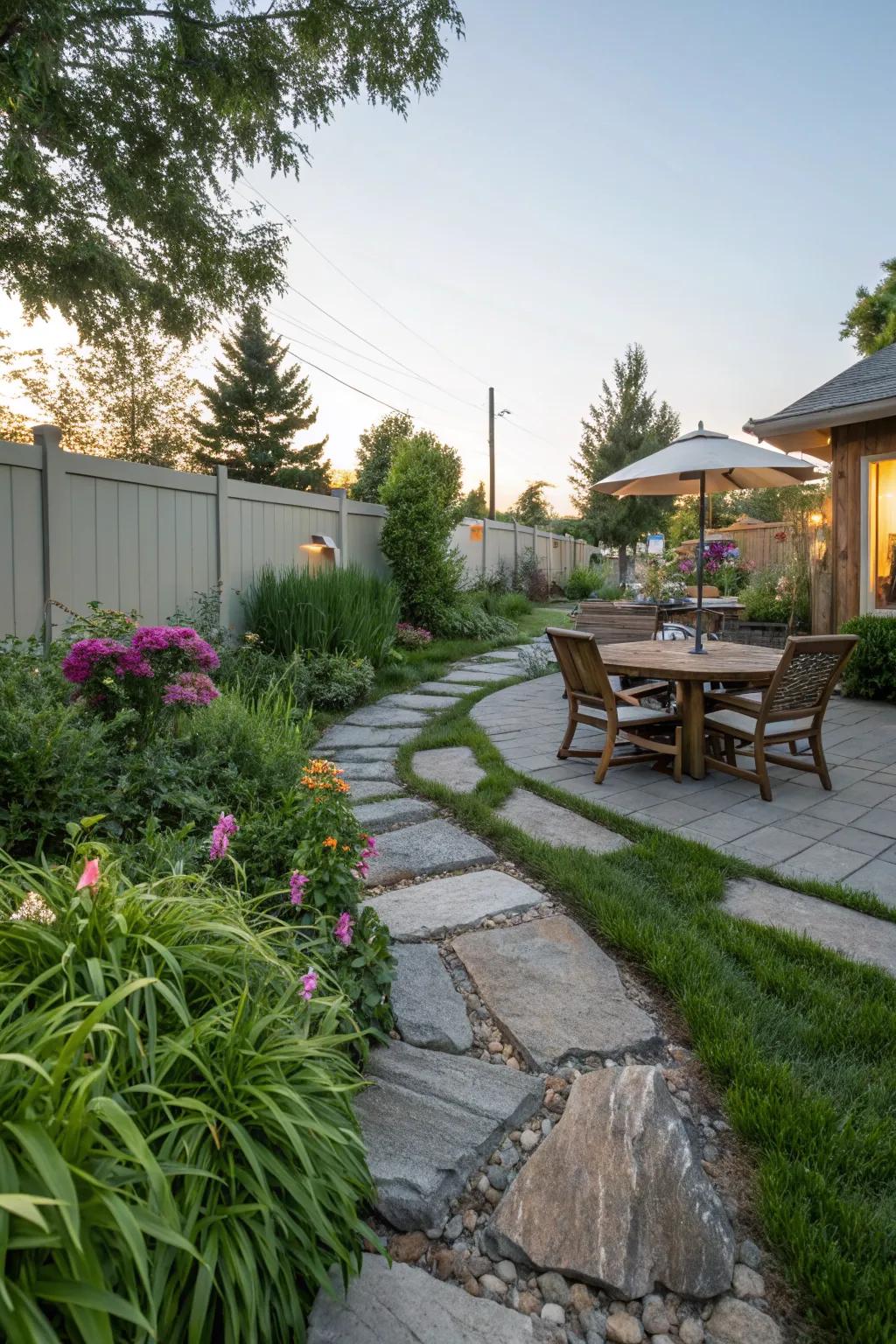 Charming stone pathways guide the way to this cozy patio.