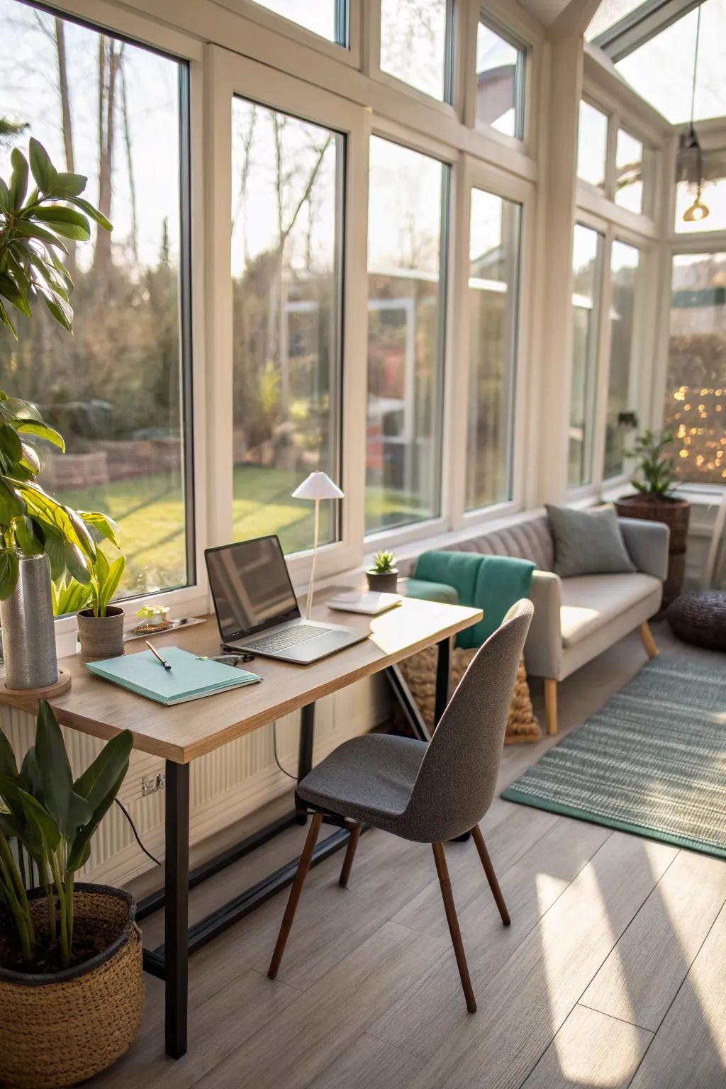 A versatile sunroom perfect for work and relaxation.