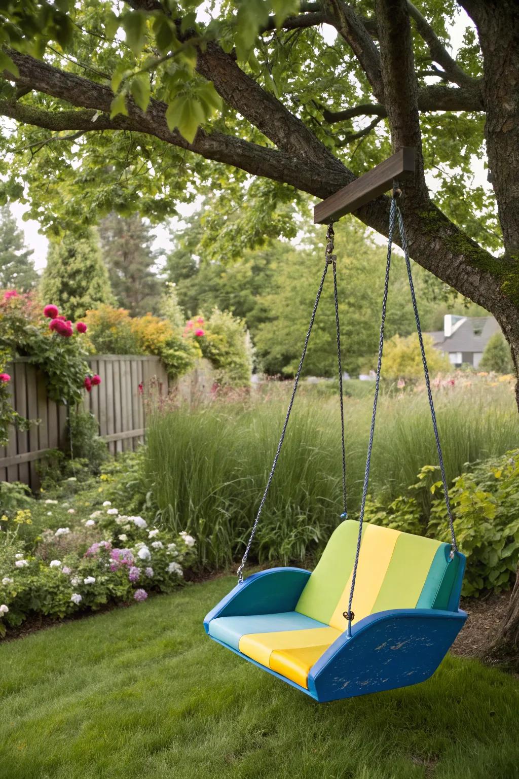 A tree swing with a modern twist, adding a splash of fun.