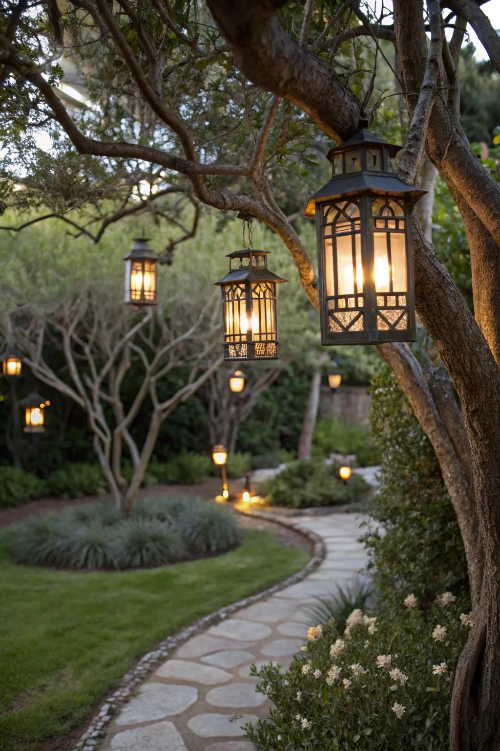 Add vertical interest with charming hanging torch lanterns.