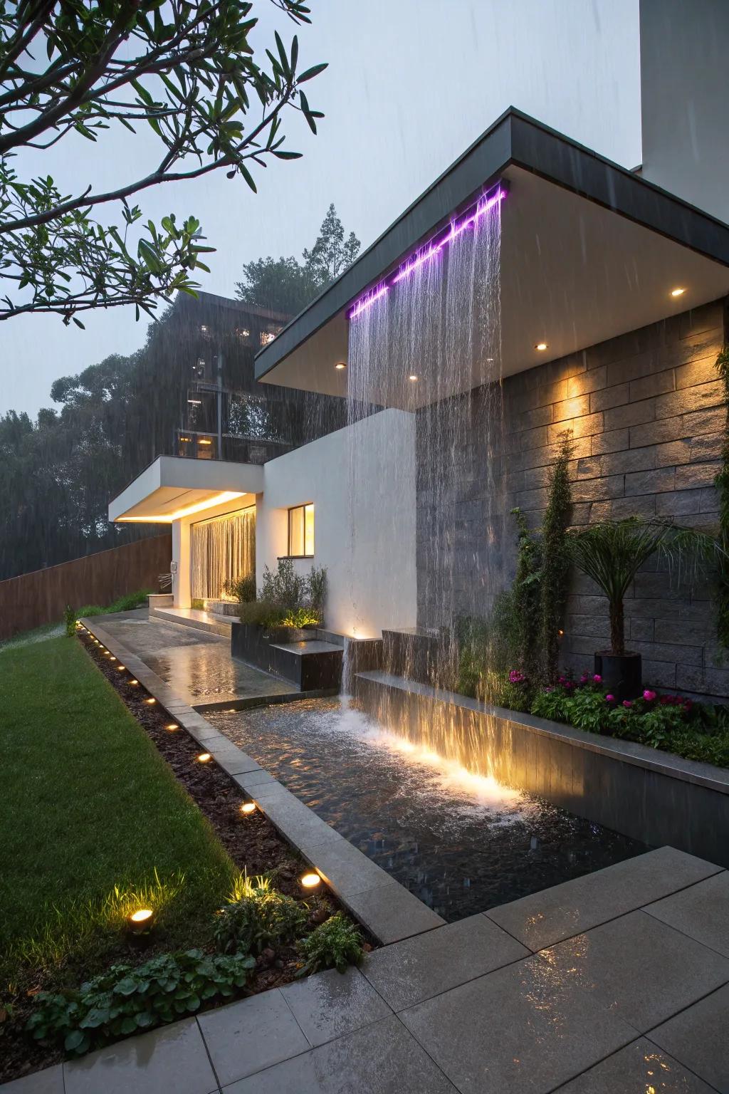 A rain curtain waterfall captivates with its modern, sleek design.
