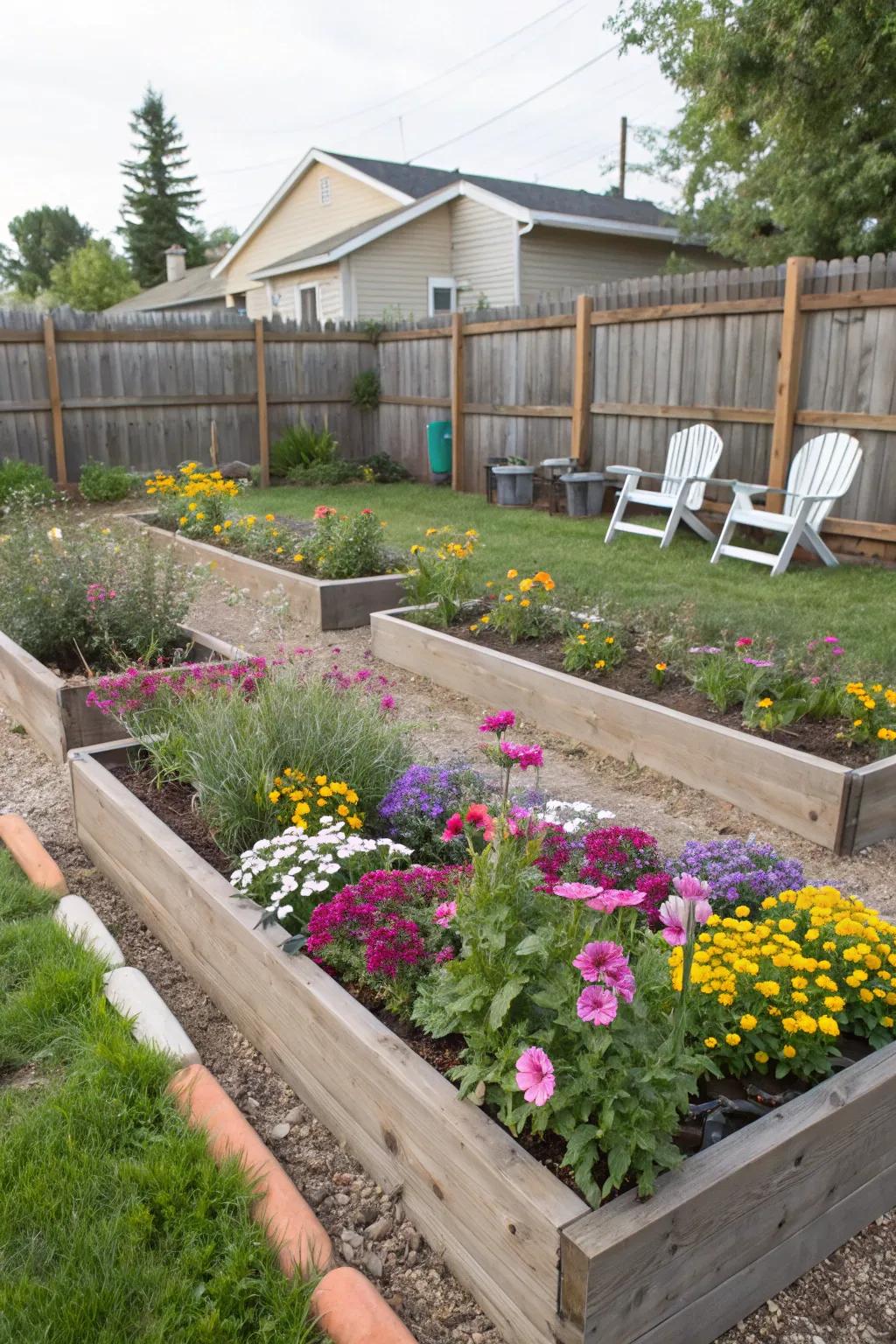 Neat raised beds showcasing a variety of wildflowers.