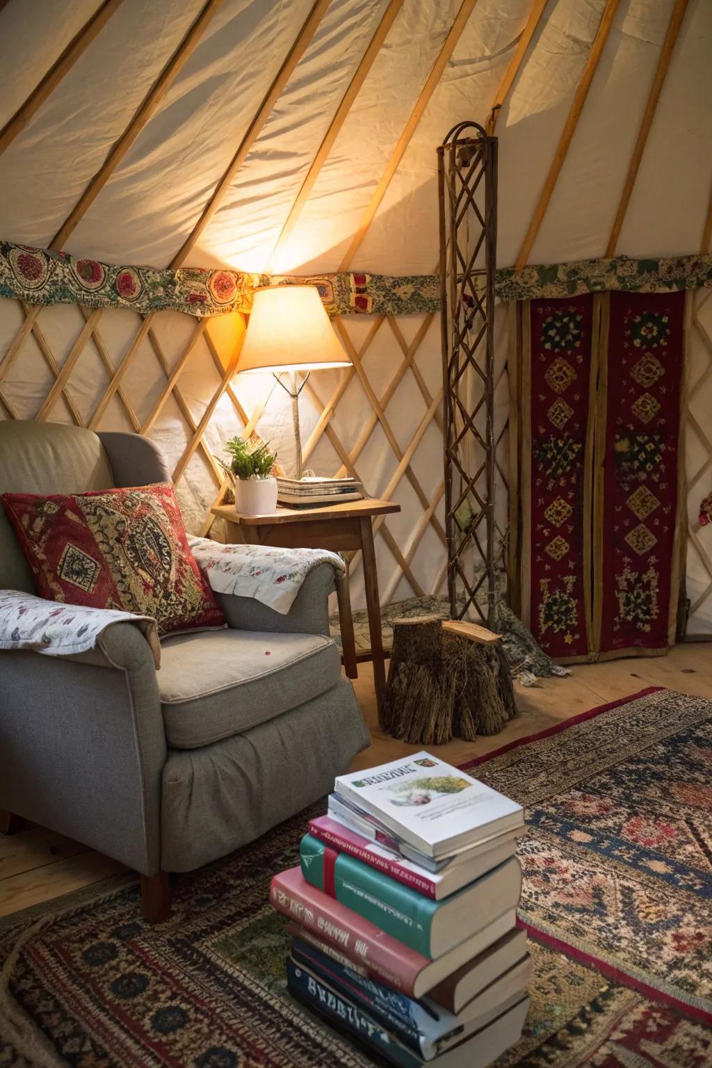 A cozy reading nook inside a yurt, perfect for book lovers.