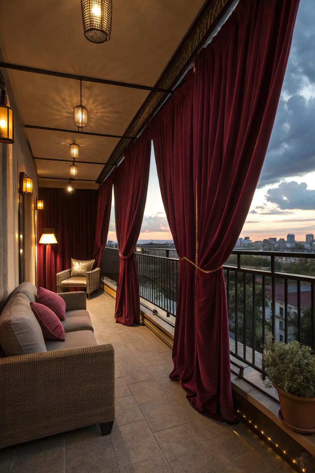 Velvet curtains add a touch of luxury and warmth to your balcony.