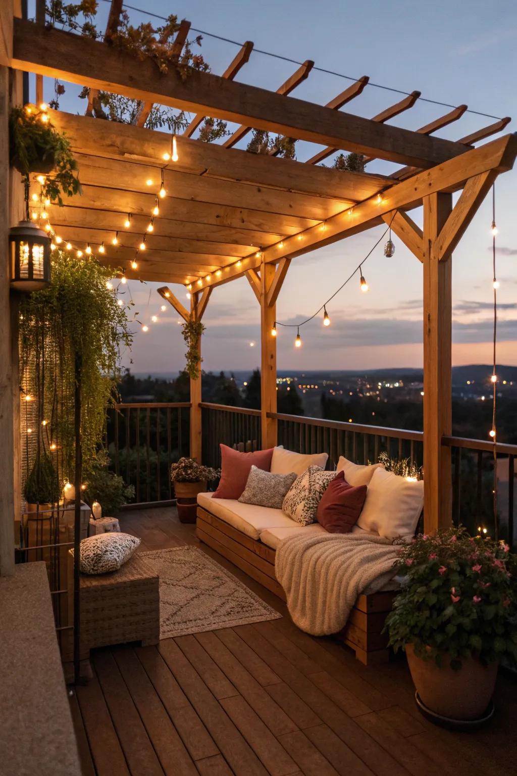Balcony with a stylish pergola and ambient lighting.