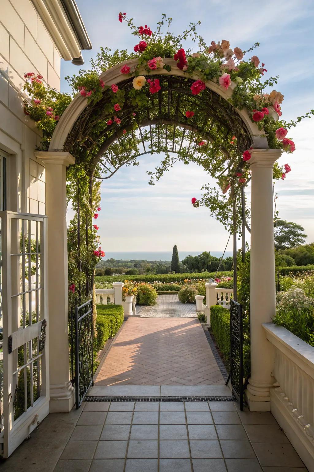 An arched trellis adds drama and elegance.