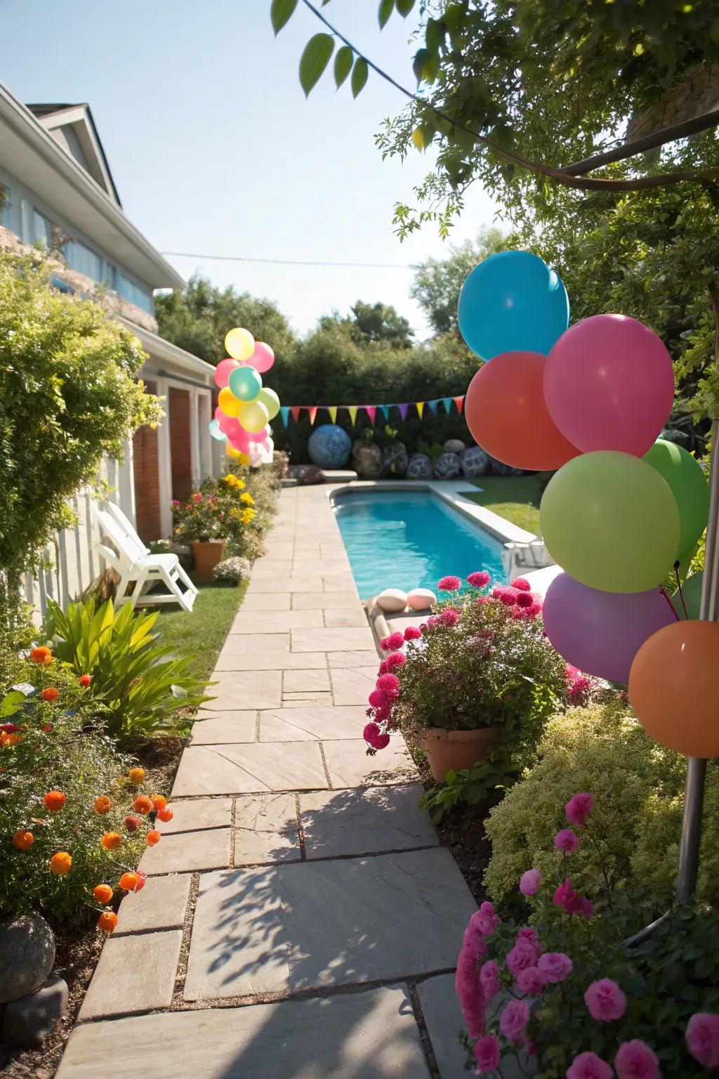 Balloon pathways guide guests with a colorful welcome.