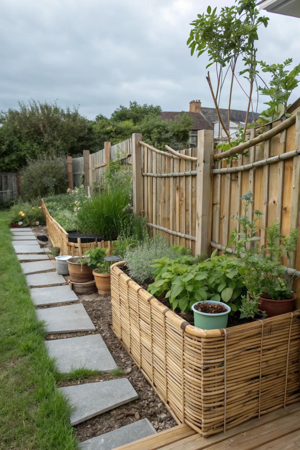 Charming mini bamboo fence for herbs.