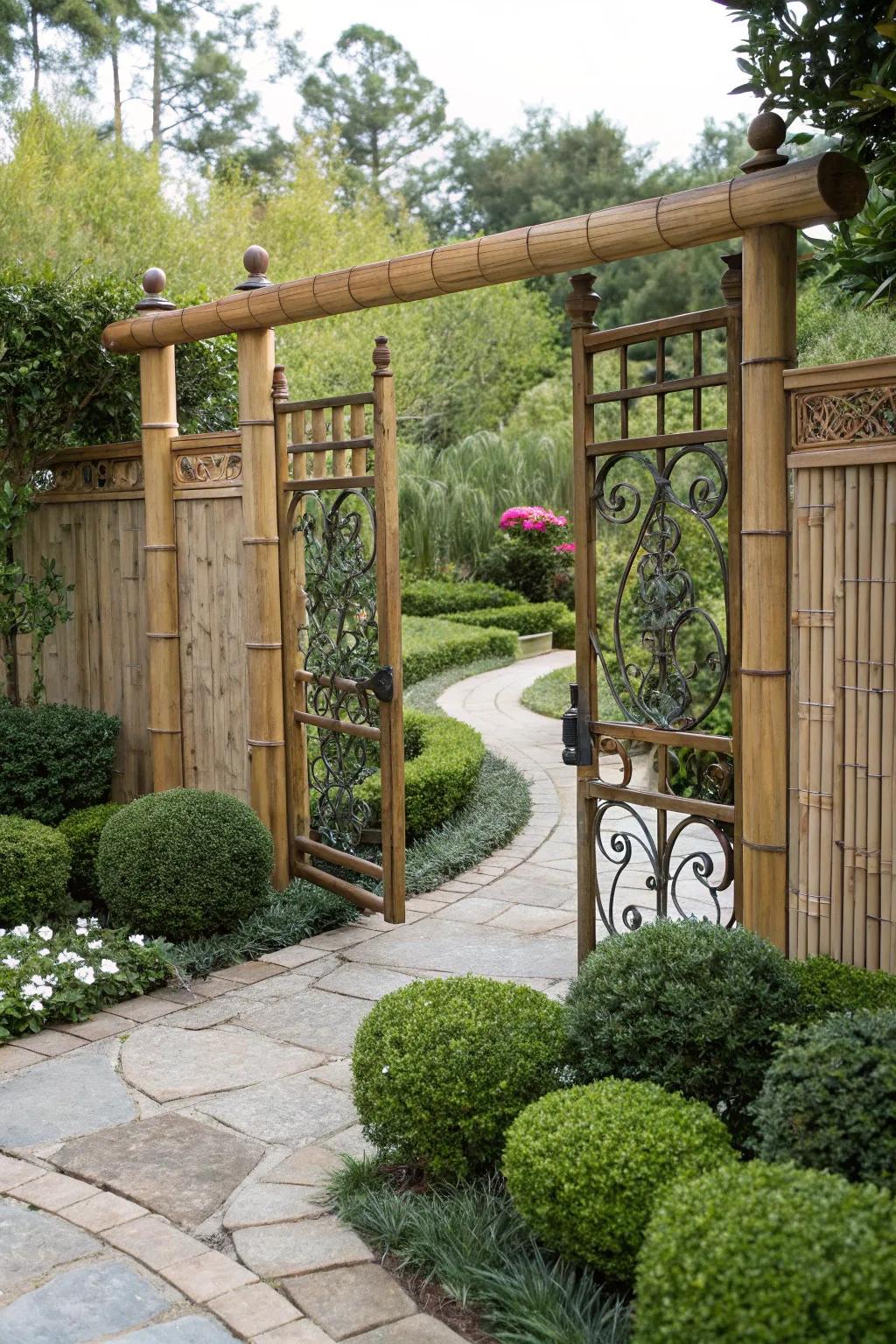 A stylish combination of bamboo and wrought iron in gate design.