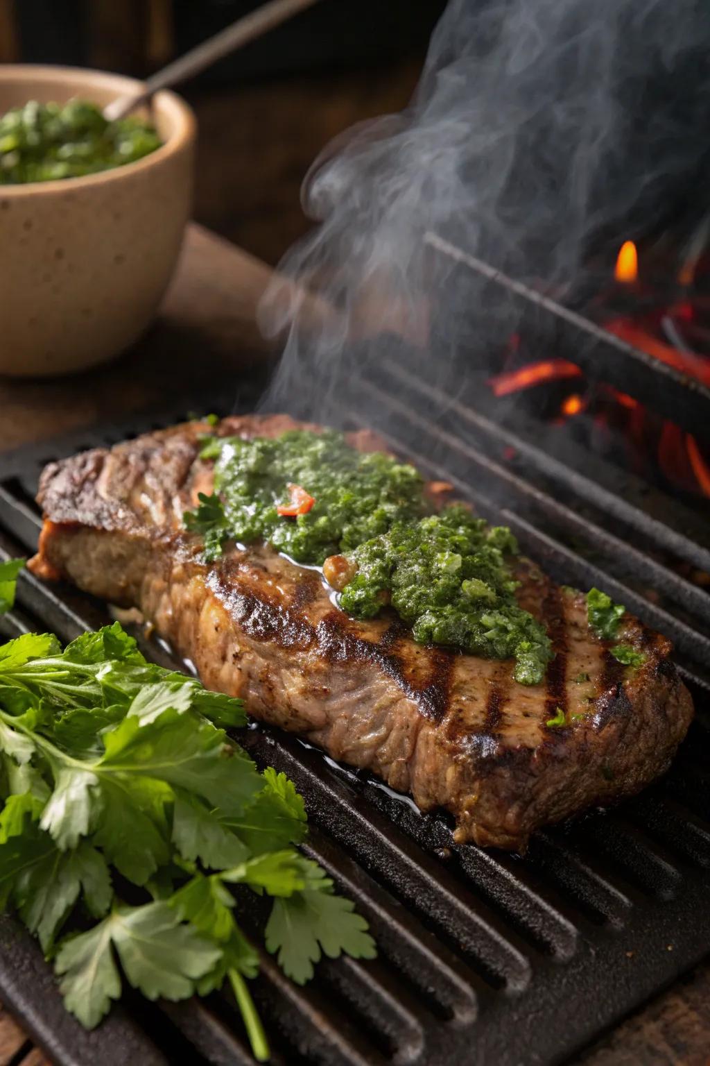 Argentinian churrasco with a fresh chimichurri sauce, bursting with flavor.